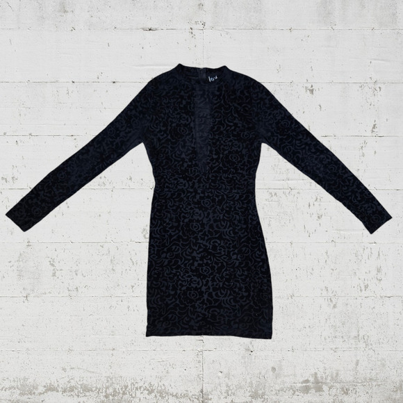 Windsor Black Floral Velour Embossed Deep V Mesh Panel Bodycon Dress Size Medium - Picture 2 of 7